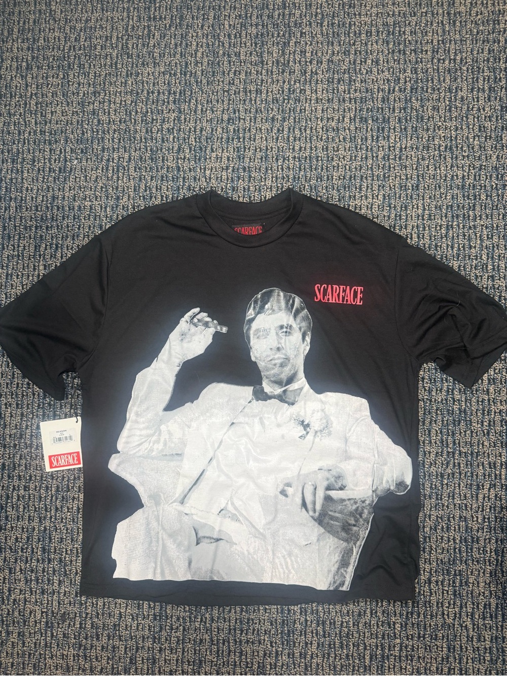 Universal Black Scarface Portrait Graphic Tee with White Print and Red Logo